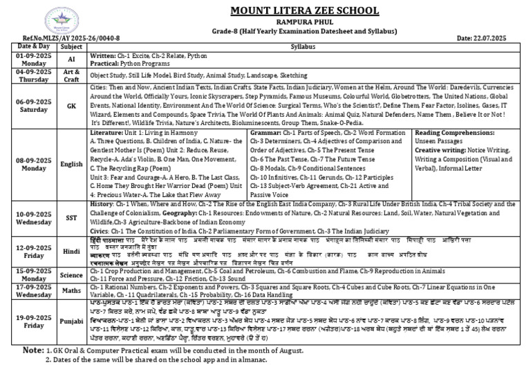 Class 8 Half Yearly Exam Schedule | PDF | Grammar | Linguistics