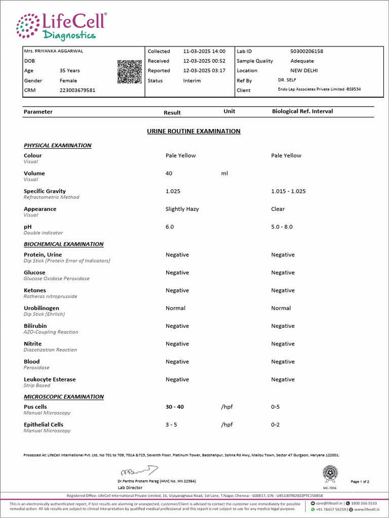 Urine Routine Examination: Unit Biological Ref. Interval Parameter ...