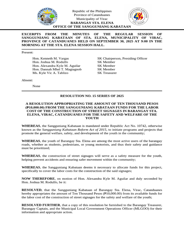 SK Resolution for Street Signages in Sta. Elena | PDF