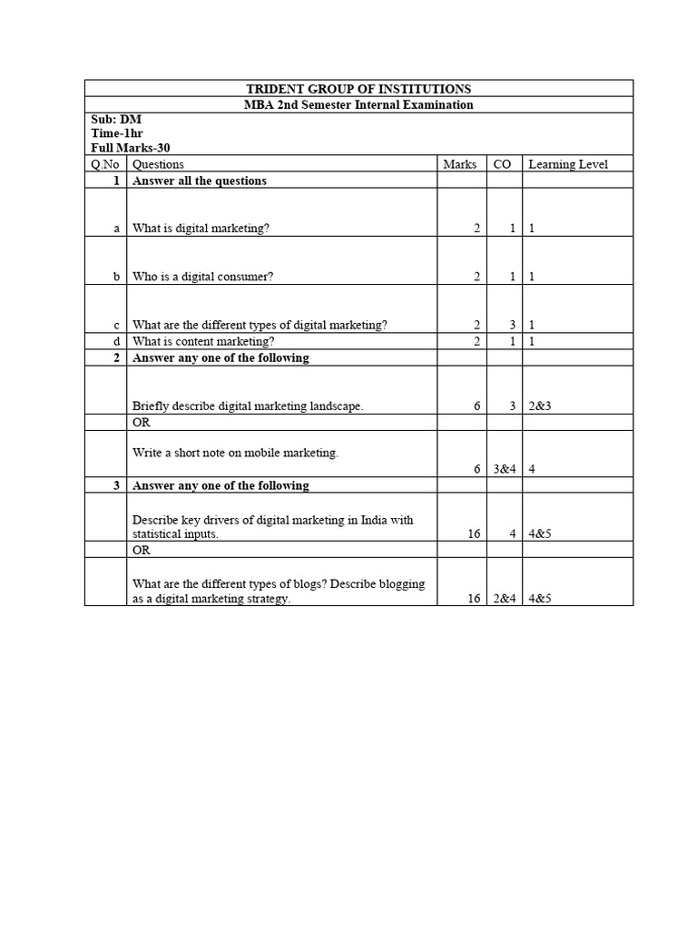 MBA Digital Marketing Exam Questions | PDF