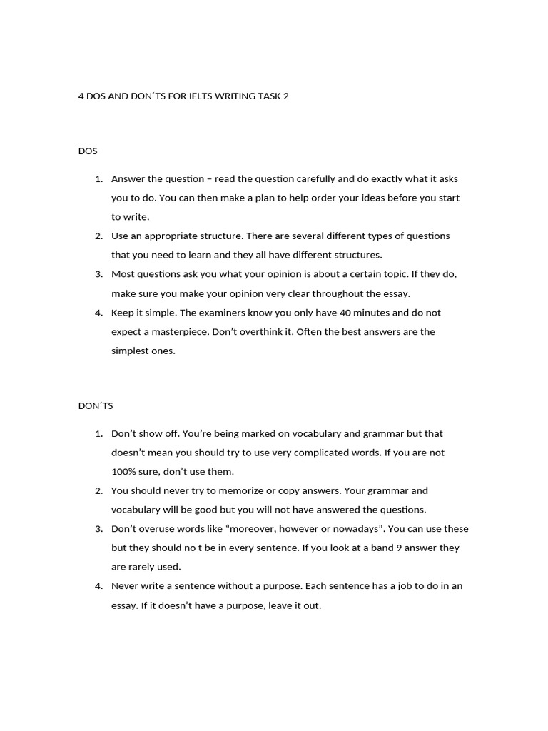 Writing Task 2 Dos and Donts | PDF | Vocabulary | Word