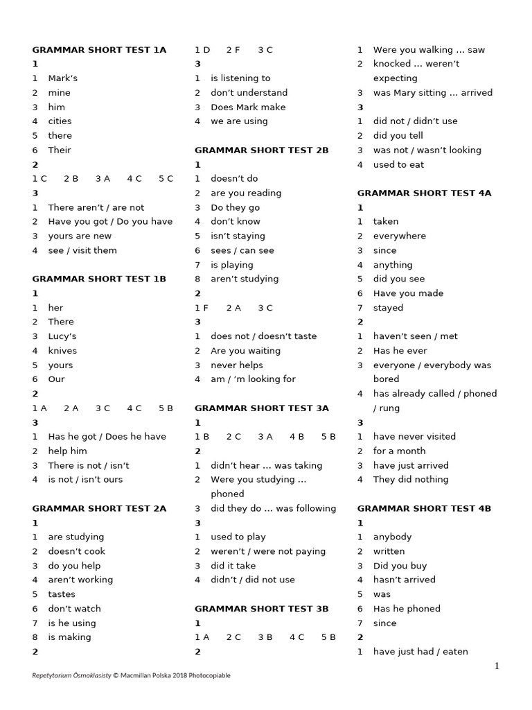 Grammar Short Test 1A-14A Answers | PDF