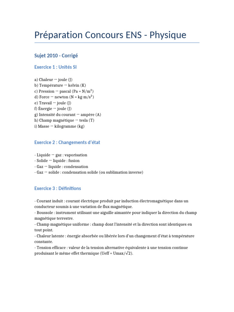 Corrigé Concours ENS Physique 2010-2012 | PDF | Champ magnétique ...