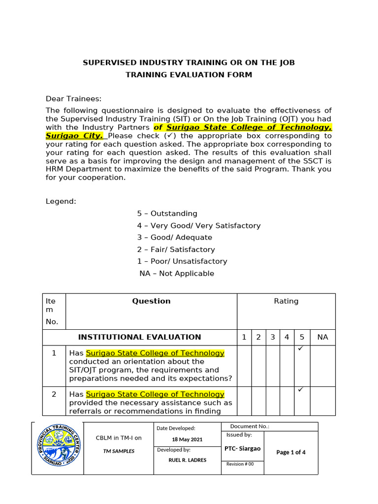 SIT/OJT Evaluation Form for Trainees | PDF