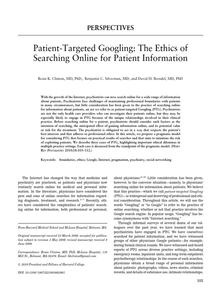 Ethics of Patient-Targeted Googling | PDF | Psychiatry | Psychotherapy