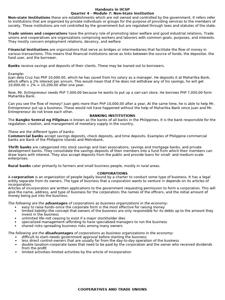 Handouts in UCSP 4th Quarter m7 | PDF | Cooperative | Banks