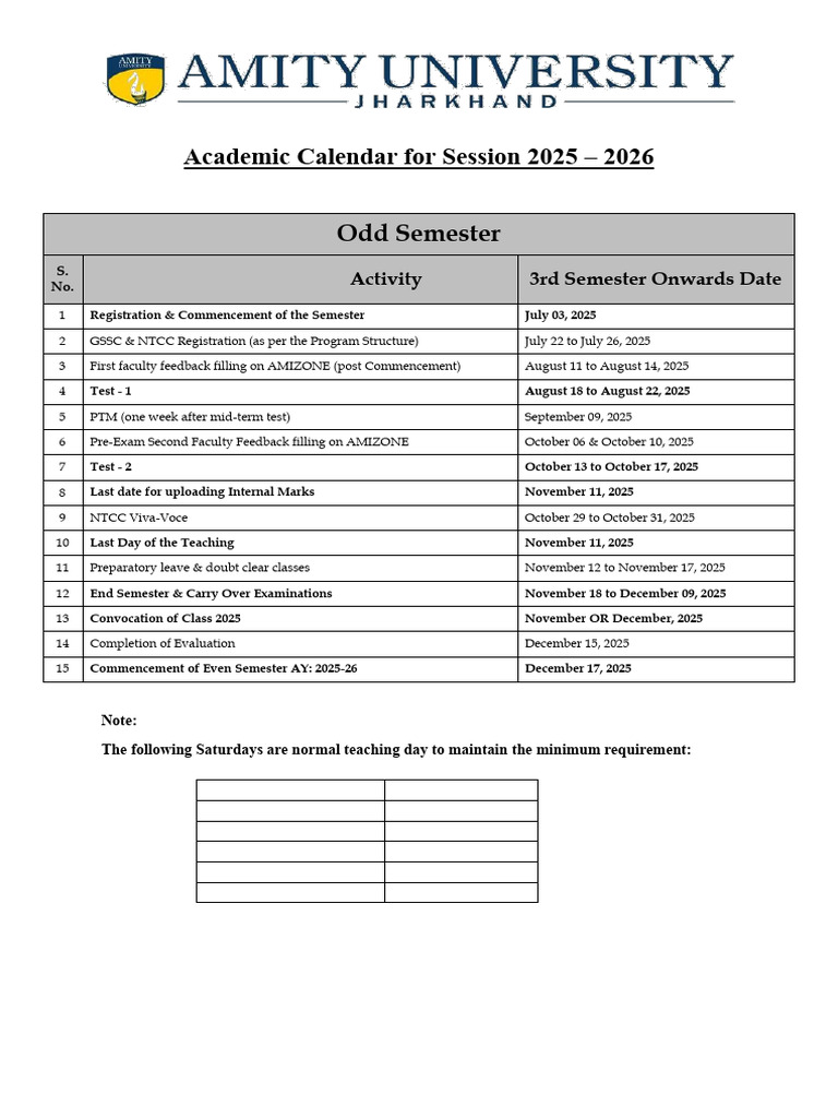 Academic Calendar - Odd Semester 25-26 - 2nd Year Onward | PDF