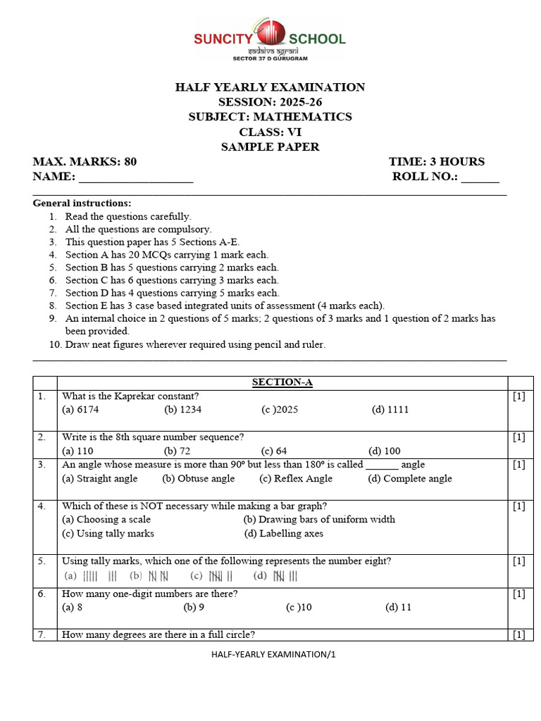 Class VI Mathematics Half-Yearly Exam | PDF | Triangle | Mathematics