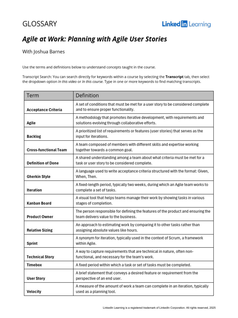 Agile User Stories Glossary Terms | PDF | Scrum (Software Development ...