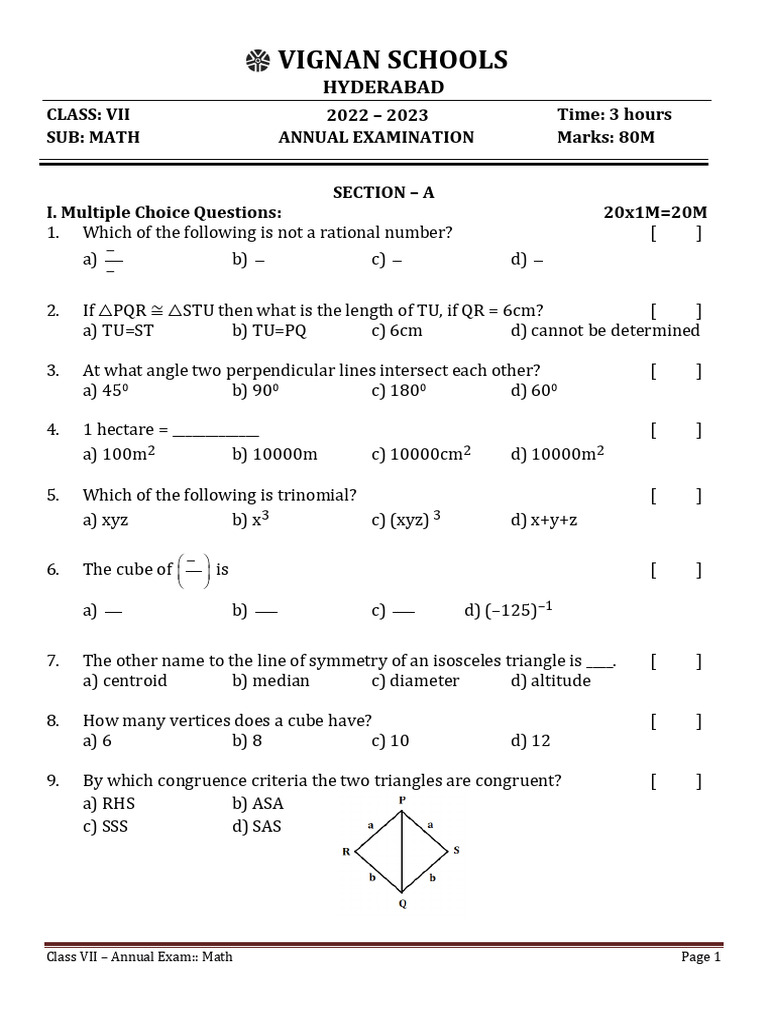 Class VII Math Annual Exam Paper | PDF | Triangle | Area