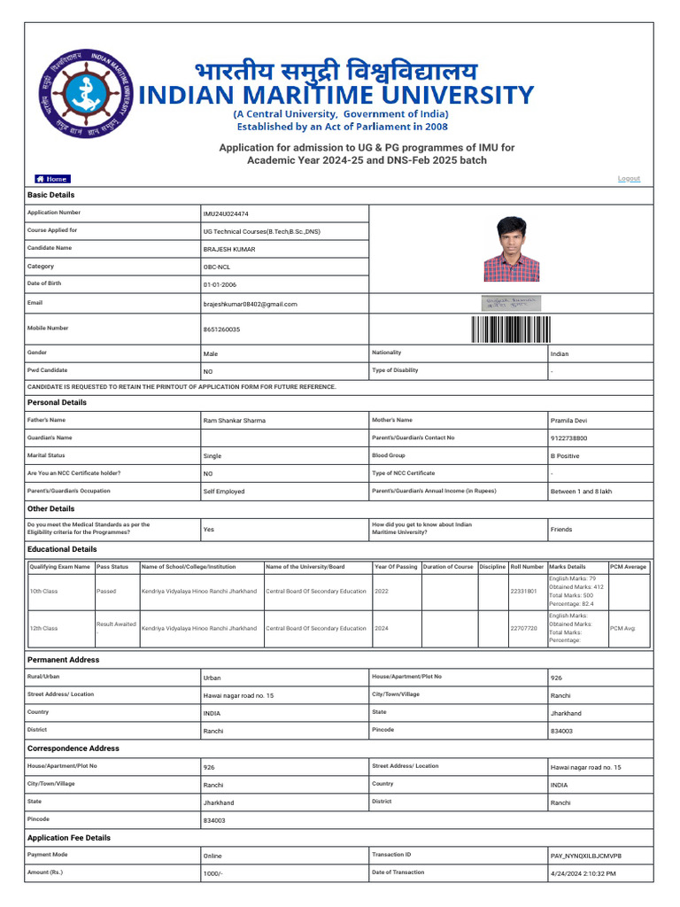IMU CET 2024 Application Details | PDF