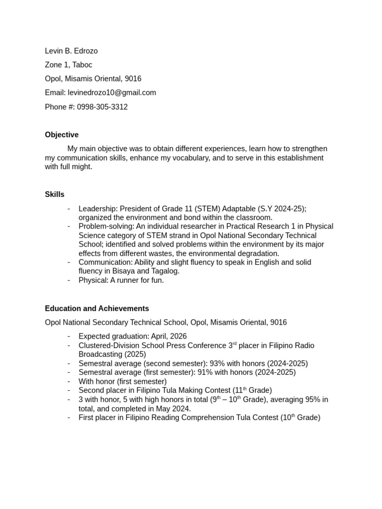 Resume Grade 12 | PDF