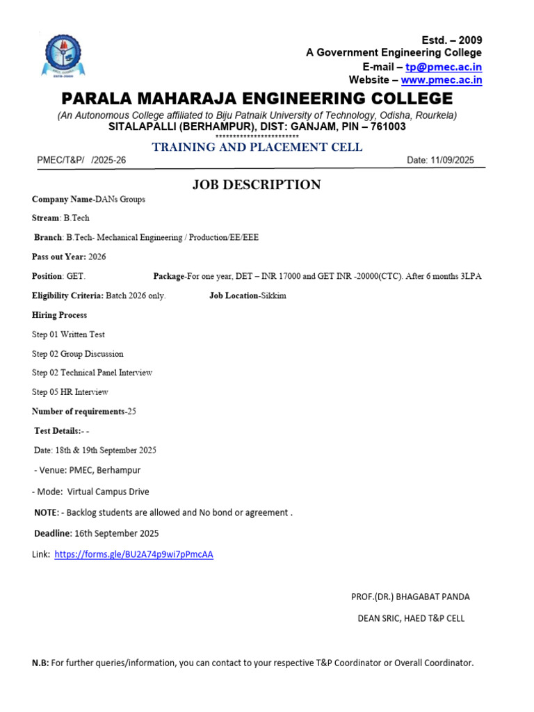 Job Opportunity for B.Tech Graduates 2026 | PDF