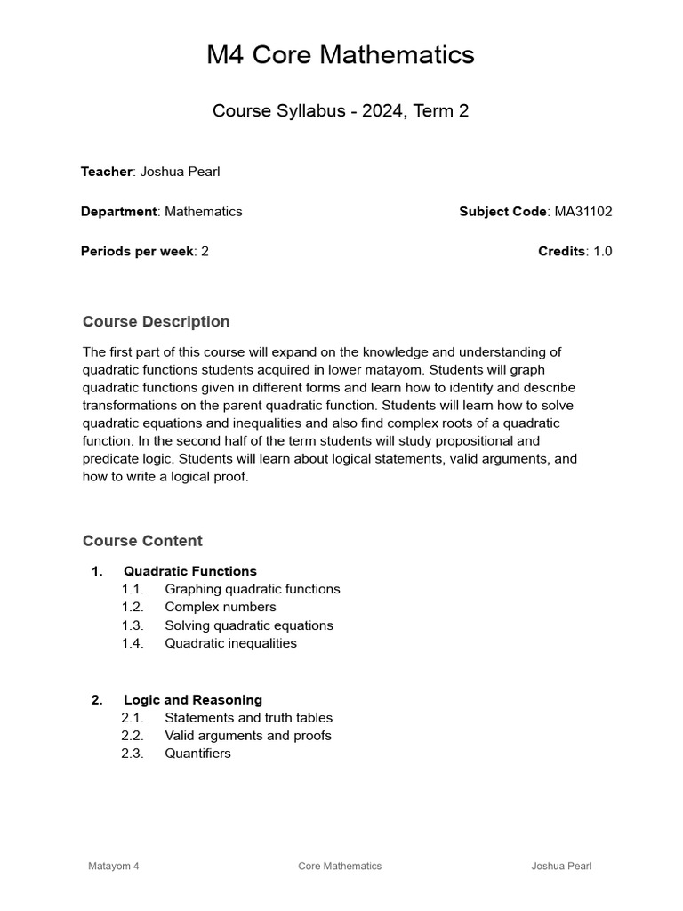 M4 Core Mathematics Syllabus 2024 | PDF | Quadratic Equation | Mathematics