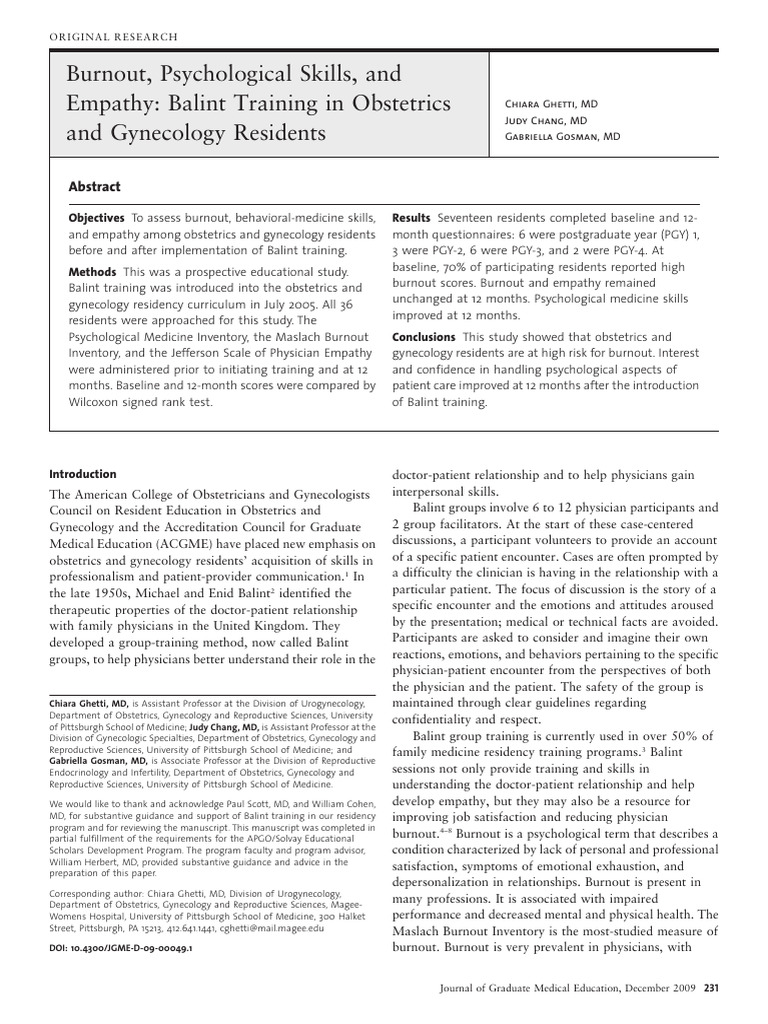 Ghetti C. Chang J. Gosman G.2009. Burnout Psychological Skills Empathy ...
