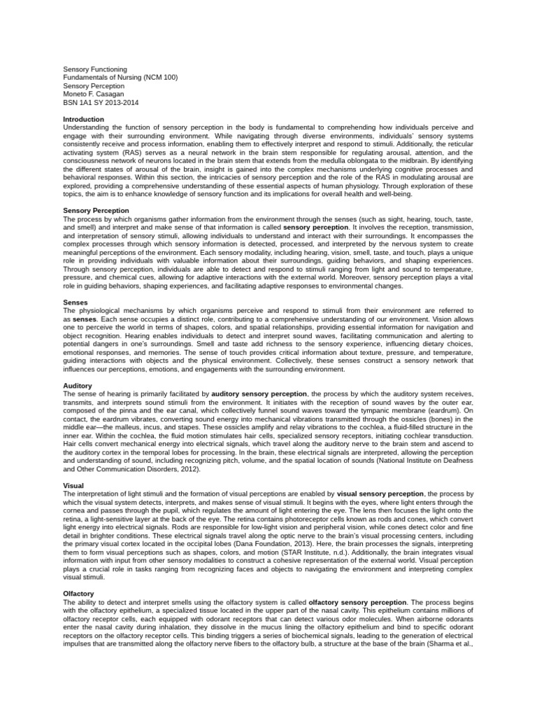 Understanding Sensory Perception in Nursing | PDF | Senses | Taste