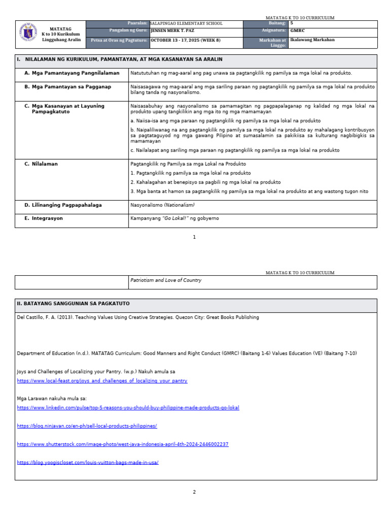 DLL Matatag - GMRC 5 q2 w8 | PDF