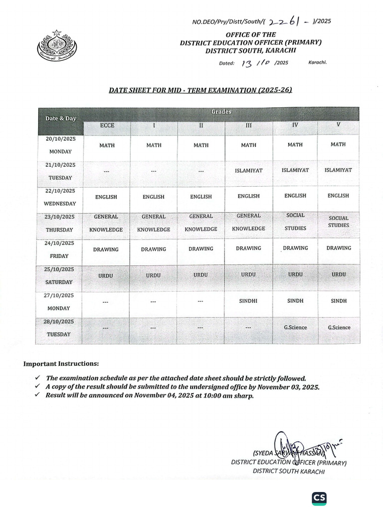 Date Sheet For Mid-Term Exam 2025-26, Primary South | PDF