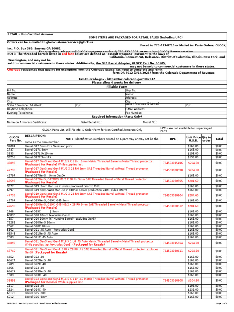 Glock Non-Certified Armorer Order Form | PDF | Projectile Weapons ...