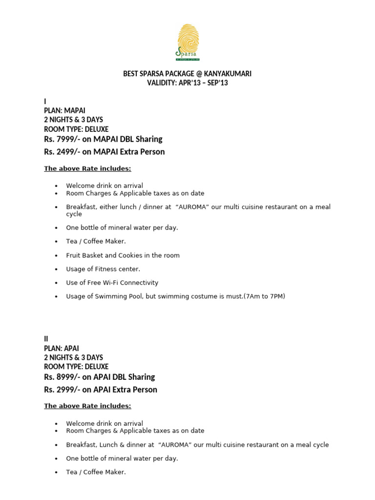 Summerr 2013 - 2 N 3 D PACKAGES | PDF | Meal | Lunch