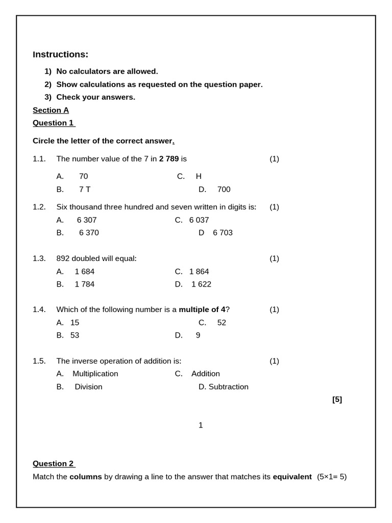 Grade 4 Maths Test Term 2 2025 | PDF | Arithmetic | Mathematics