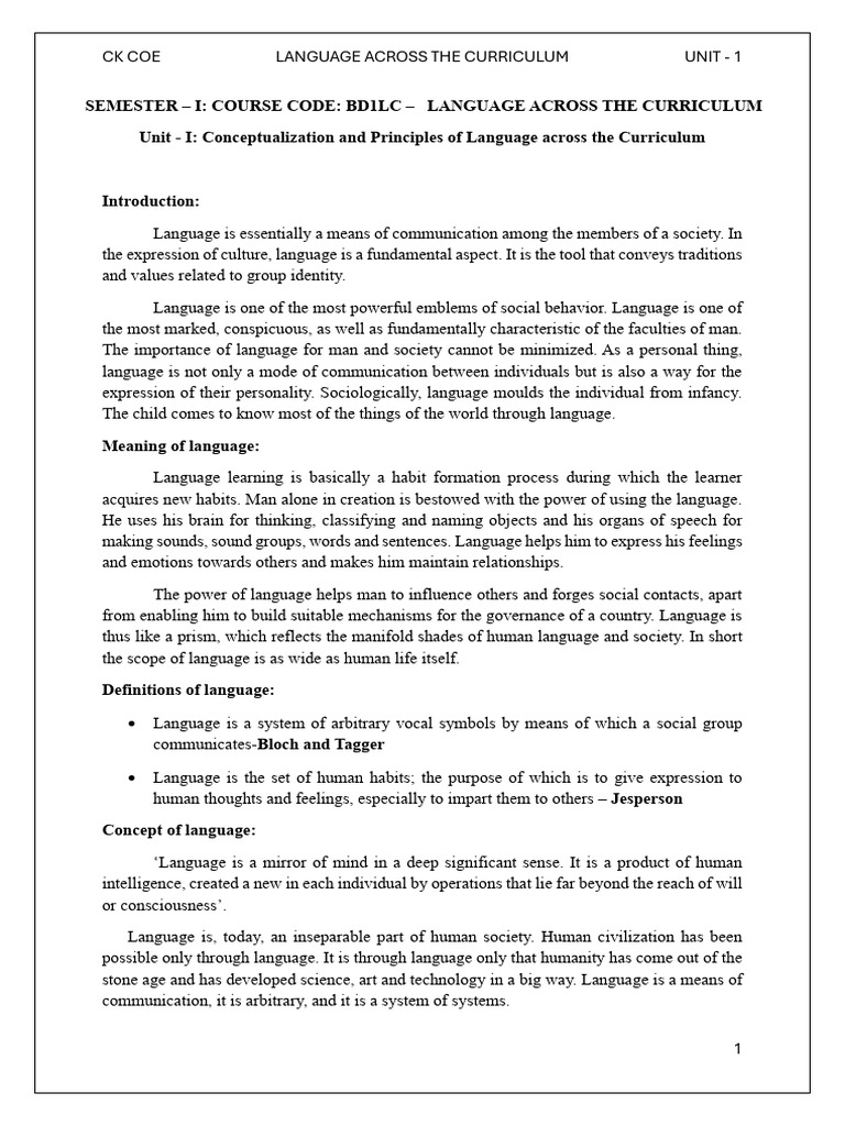 CK Coe Language Across The Curriculum Unit - 1 | PDF | Learning | Thought