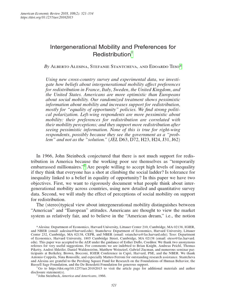 Intergenerational Mobility and Redistribution Preferences | PDF ...