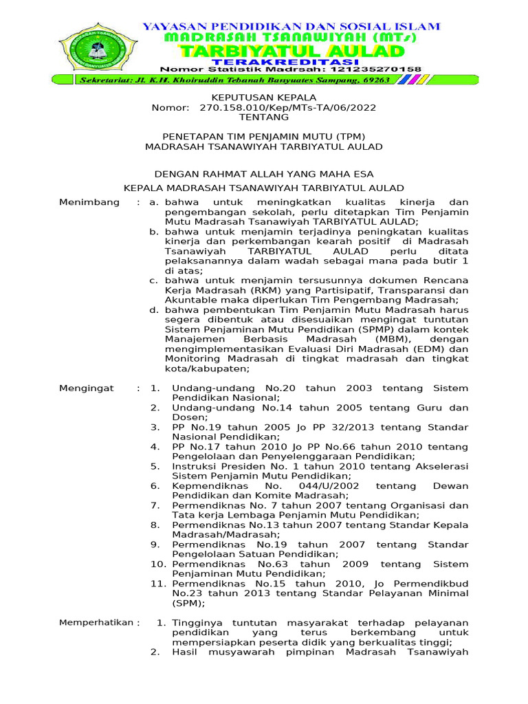 Penetapan Tim Penjamin Mutu MTs Tarbiyatul Aulad …