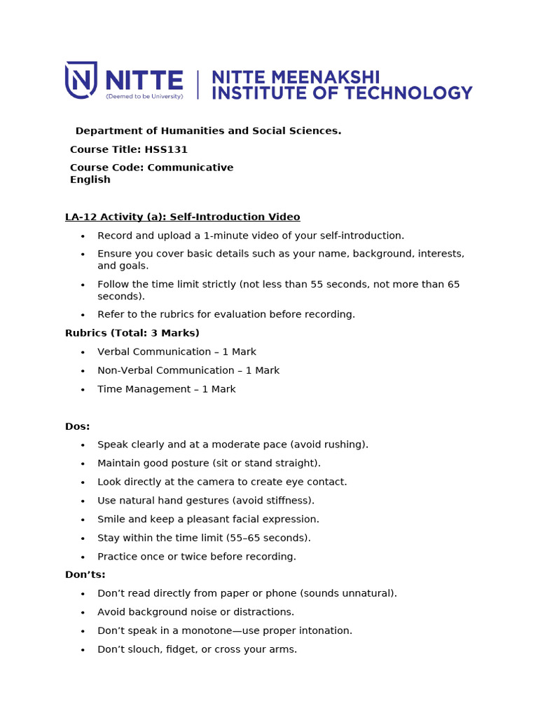 Self-Introduction Video Guidelines | PDF