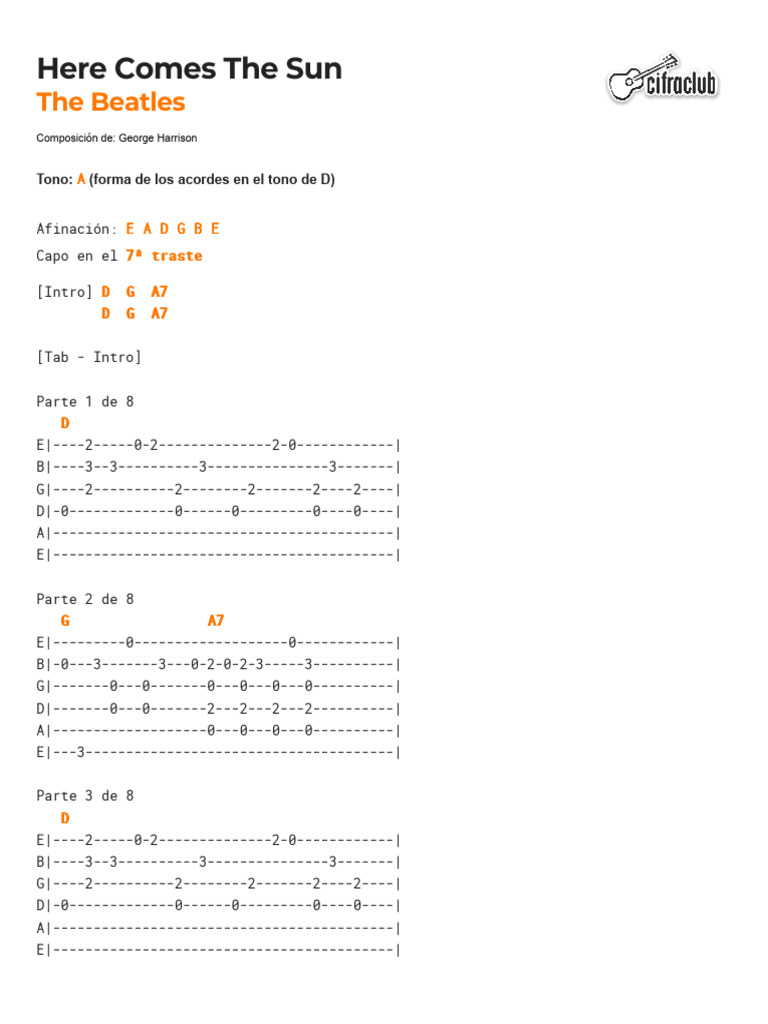 Here Comes The Sun Guitar Tabs | PDF | Music Performance | English ...