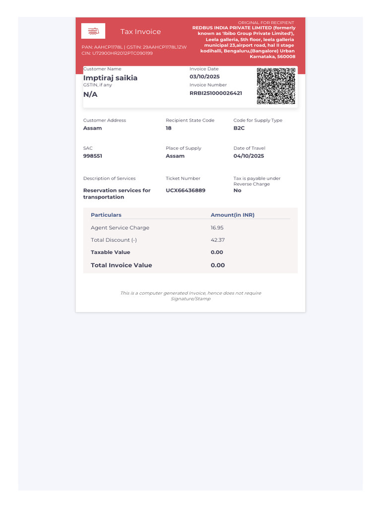 Tax Invoice for Transportation Services | PDF