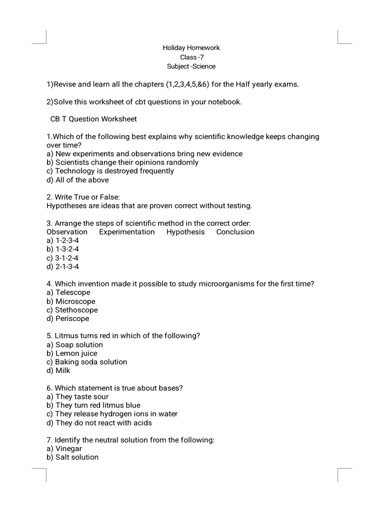 Class 7 Science Holiday Homework Guide | PDF | Metals | Adolescence