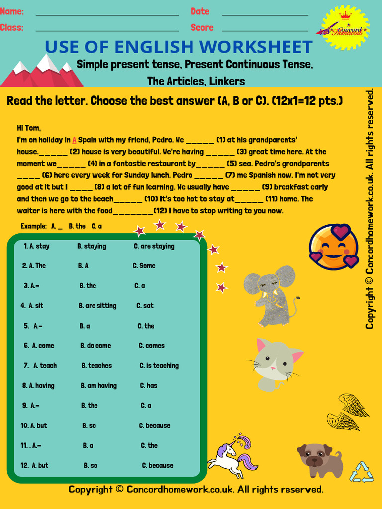 Simple Present Tense, Present Continuous Tense, The Articles, Linkers ...
