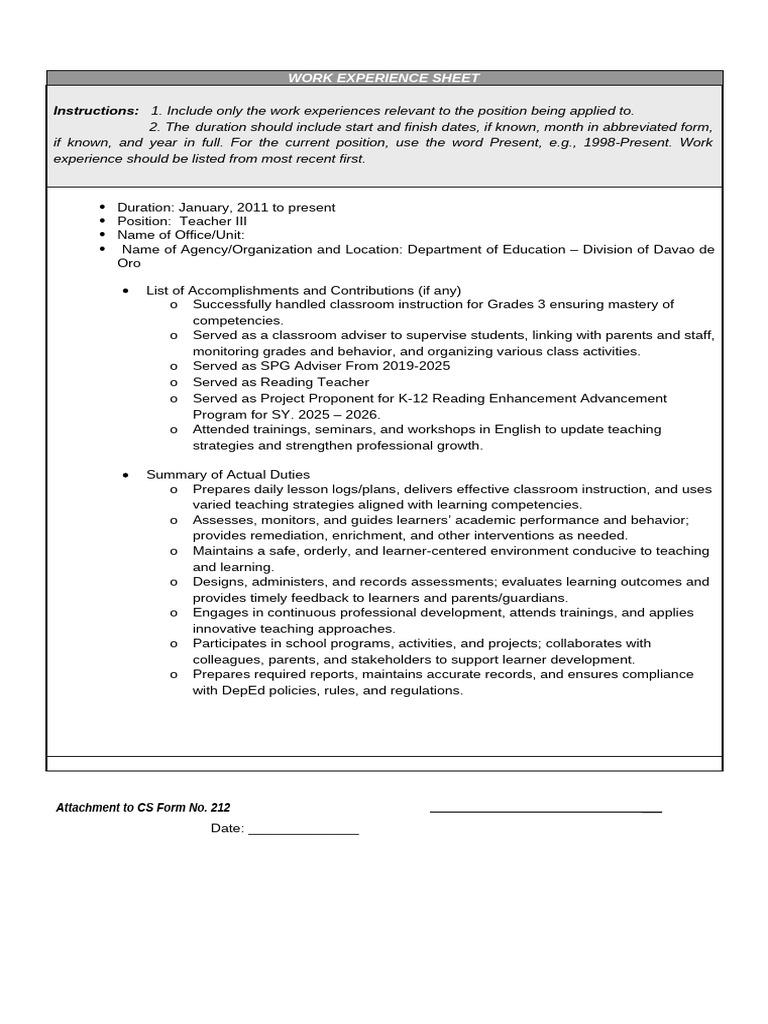 Teacher III Work Experience Overview | PDF | Learning | Cognition