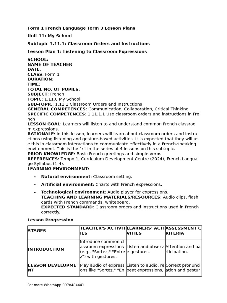 French Lesson Plans: Classroom Commands | PDF | Lesson Plan | Teachers
