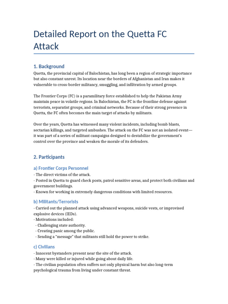 Quetta FC Attack Report | PDF | Insurgency | Improvised Explosive Device