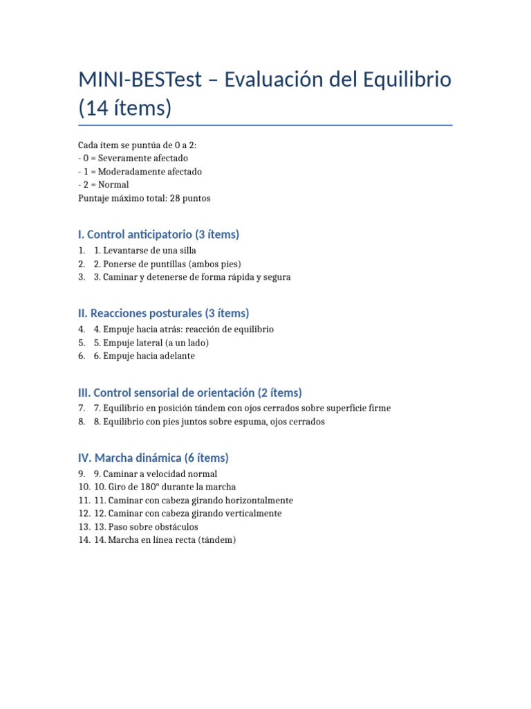 Evaluación MINI-BESTest del Equilibrio | PDF