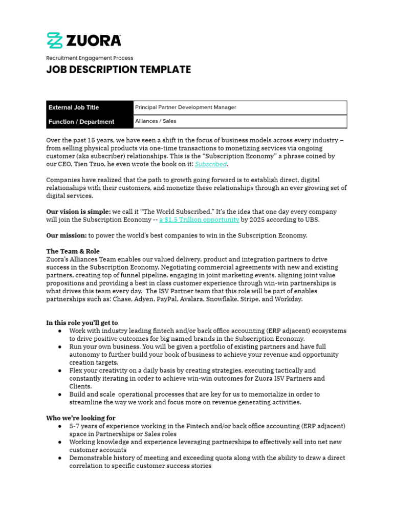 Zuora Principal Partner Development Manager Job Description | PDF ...