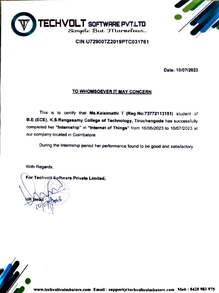 Techvolt Software PVT LTD - Intership - Certificate | PDF