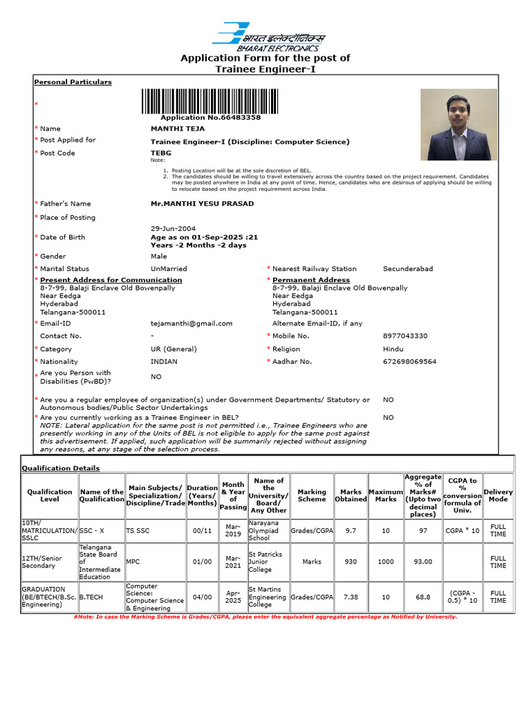 BEL Trainee Engineer-I Application 2025 | PDF