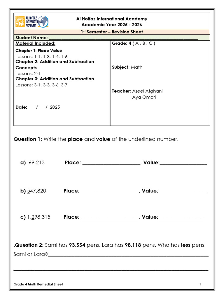 Grade 4 Math Revision Sheet 2025-2026 | PDF | Educational Stages