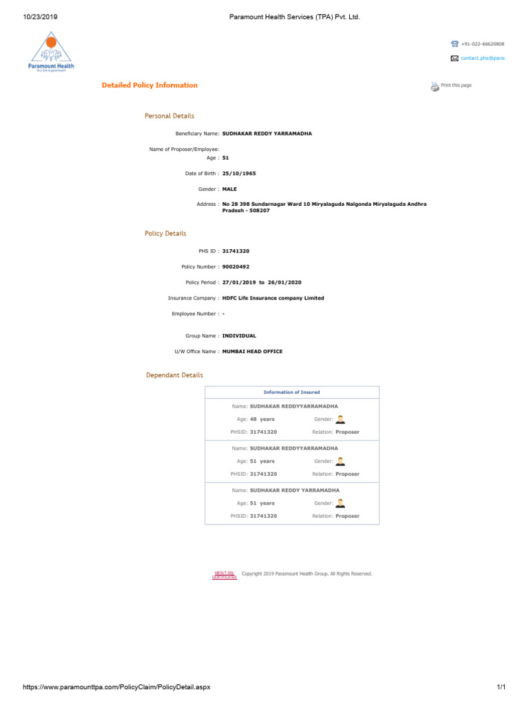 Paramount Health Policy Details for Sudhakar | PDF | Insurance ...