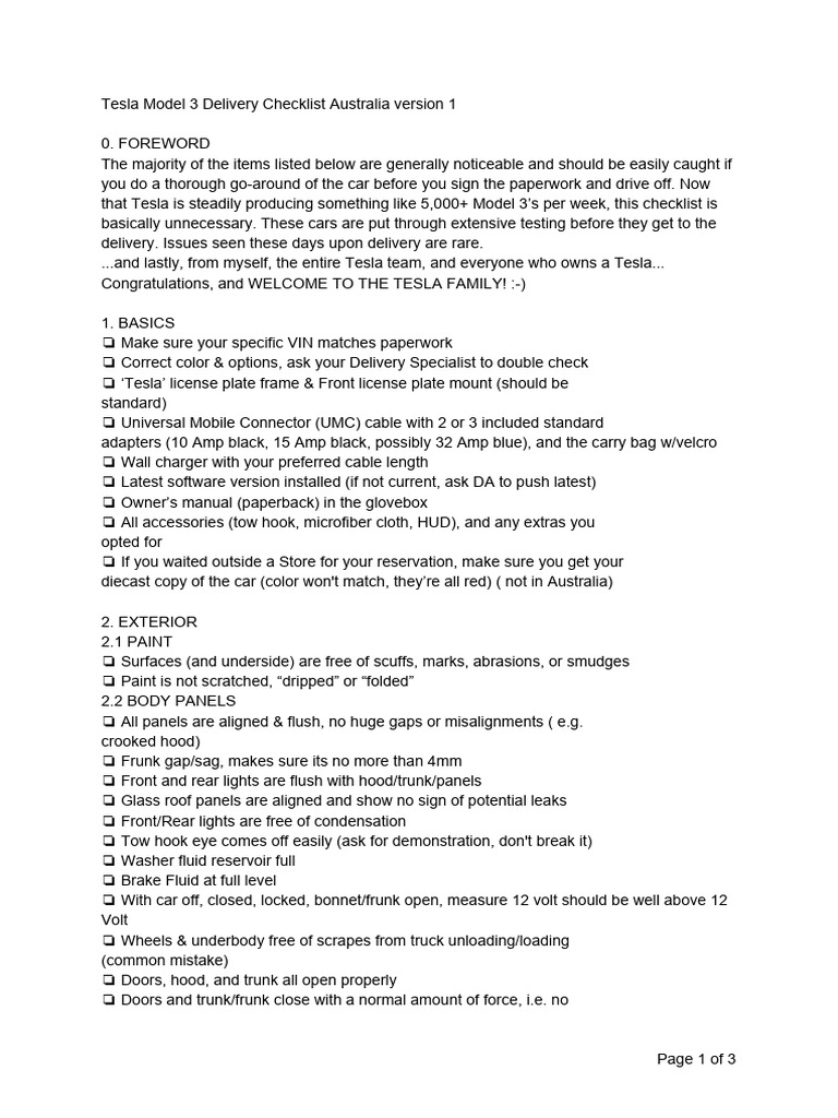 Tesla Model 3 Pickup Checklist Australia Ver 1 | PDF | Trunk (Car ...