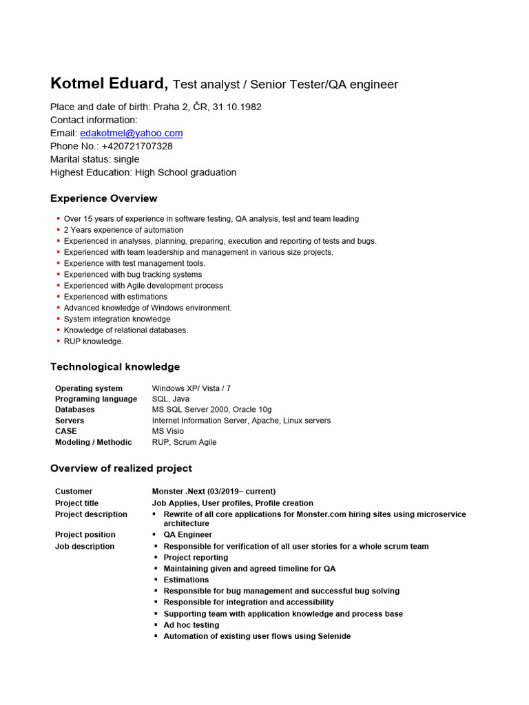 Senior QA Engineer Profile Summary | PDF | Databases | Oracle Corporation