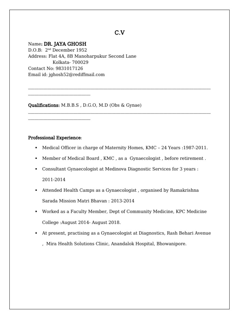 Dr. Jaya Ghosh: Gynaecologist CV | PDF