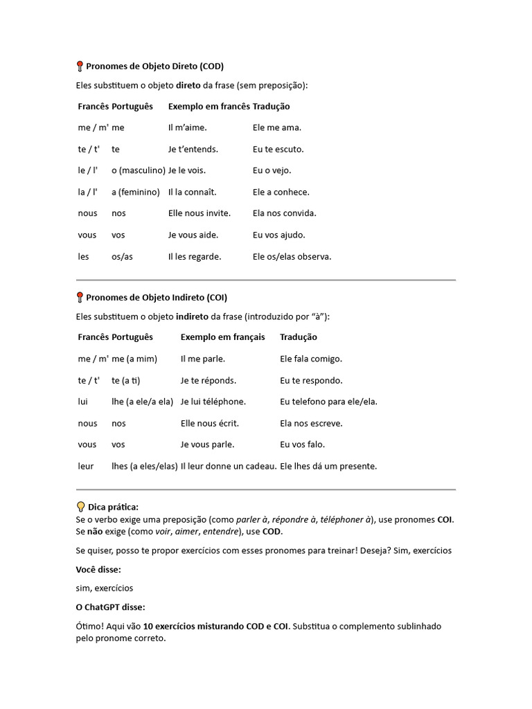 Pronomes COD e COI em Francês | PDF | Sintaxe | Linguística
