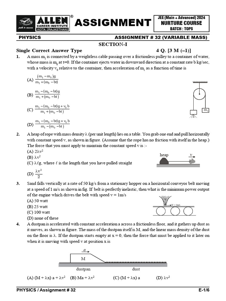JEE 2024 Physics Assignment 32 | PDF | Force | Mass
