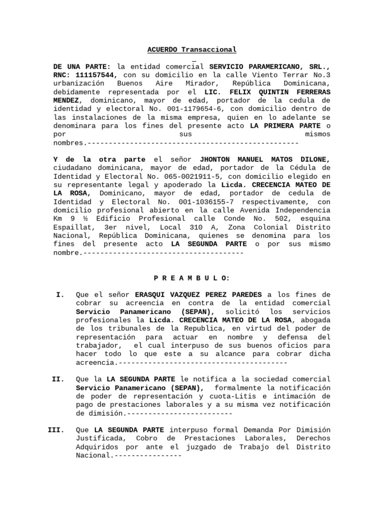 Acuerdo Transaccional Laboral RD | PDF | Justicia | Crimen y violencia