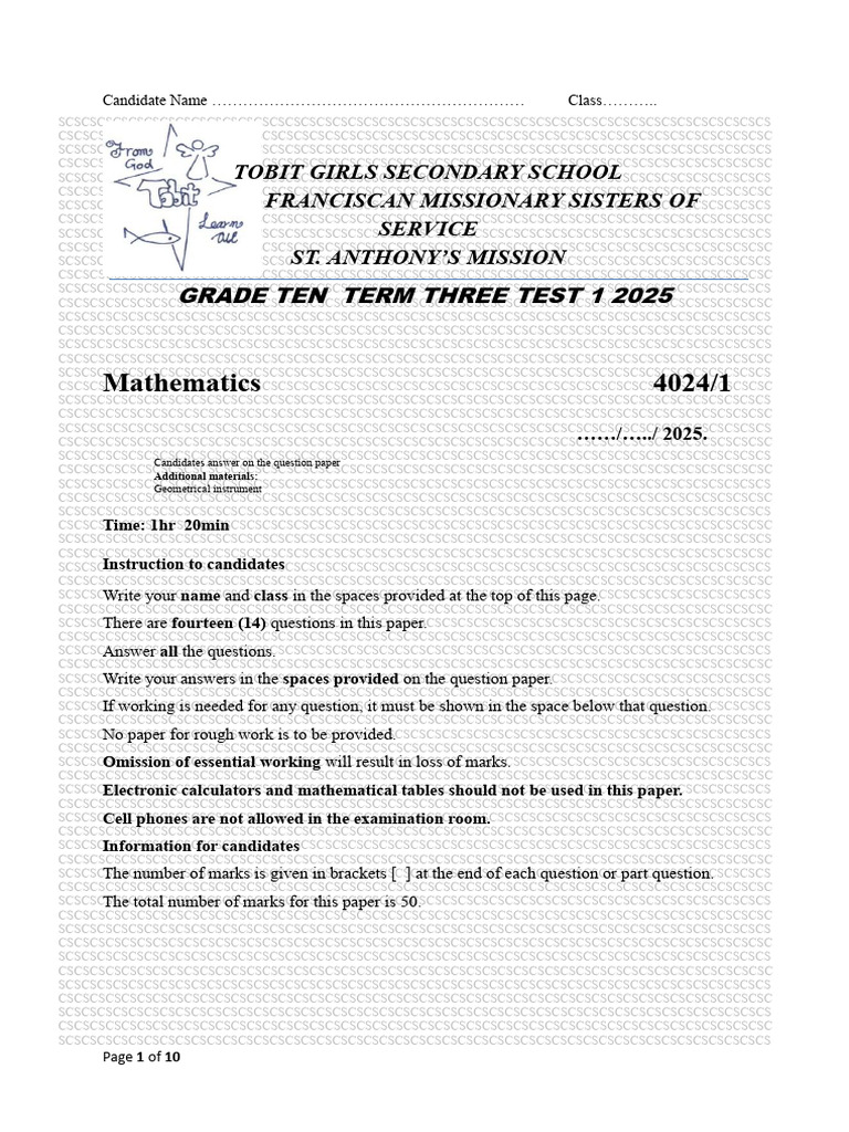 Grade Ten Mathematics Term 3 Test 1 2025 | PDF | Acceleration | Mathematics