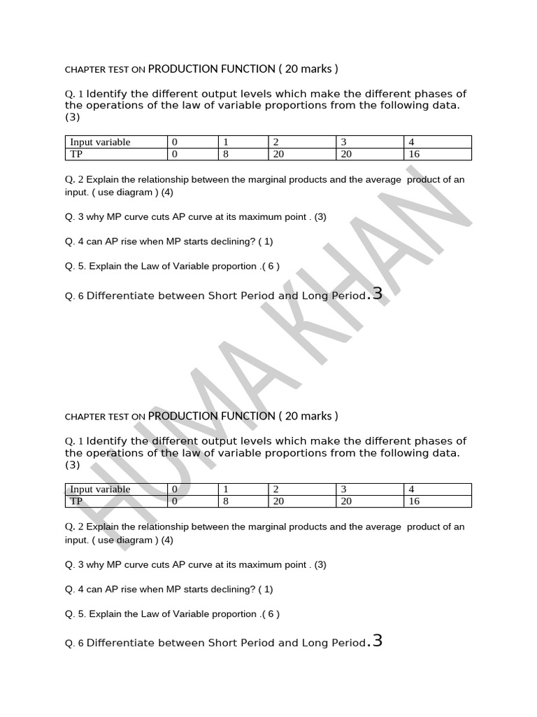 Production Function Chapter Test Guide | PDF
